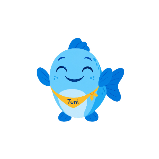 Tuni, el personaje guía de Mundo Tuni: un bebé atún azul con bandana amarilla